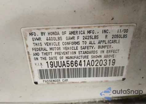 2001 Acura Tl 3.2 from USA, damaged, VIN 19UUA56641A020319